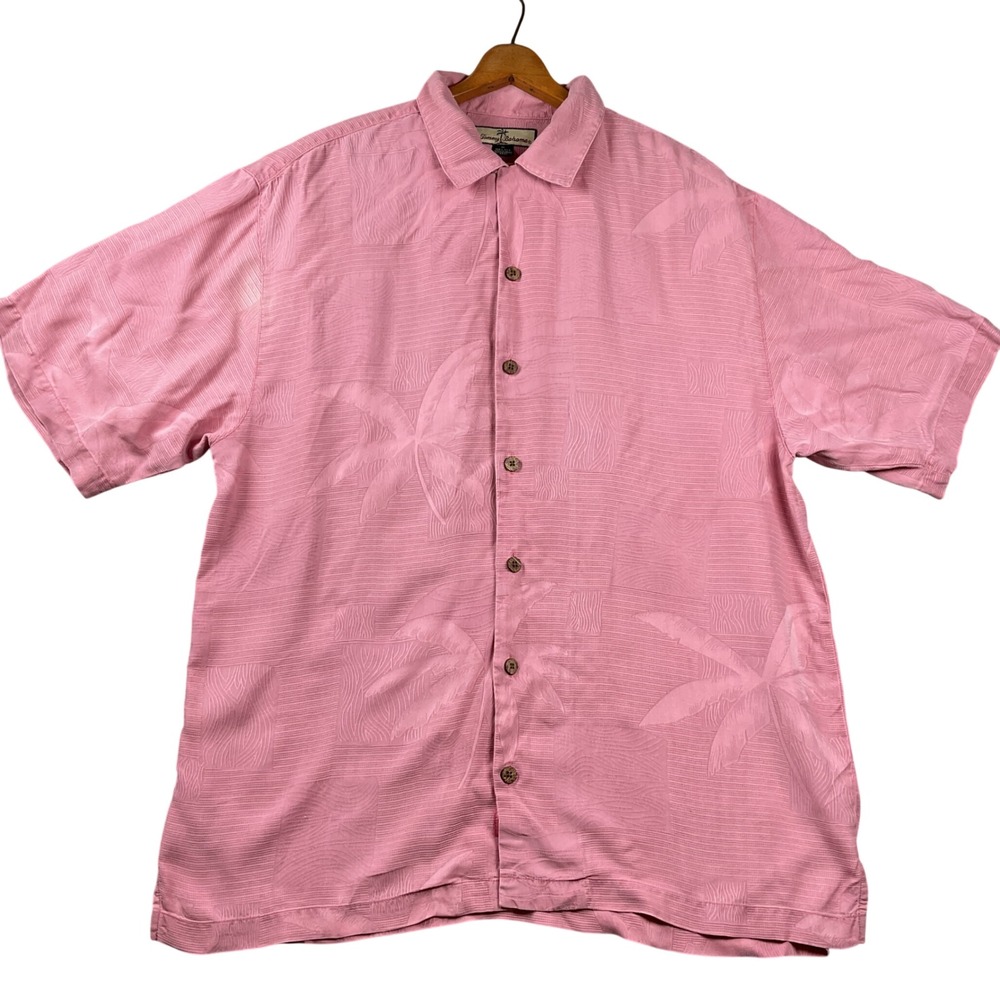 Tommy Bahama Silk Shirt Mens Medium Pink Palm Tree Jacquard Short Sleeve Button